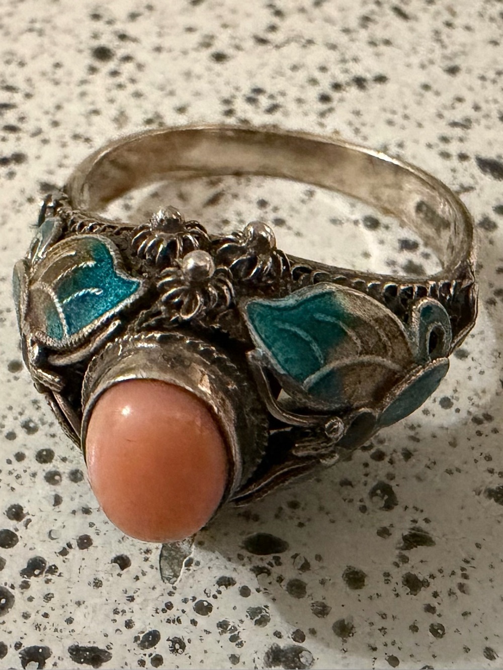 BJ Beatrix Pink Coral Cloisonne Butterfly Sterling Silver Ring Size 11